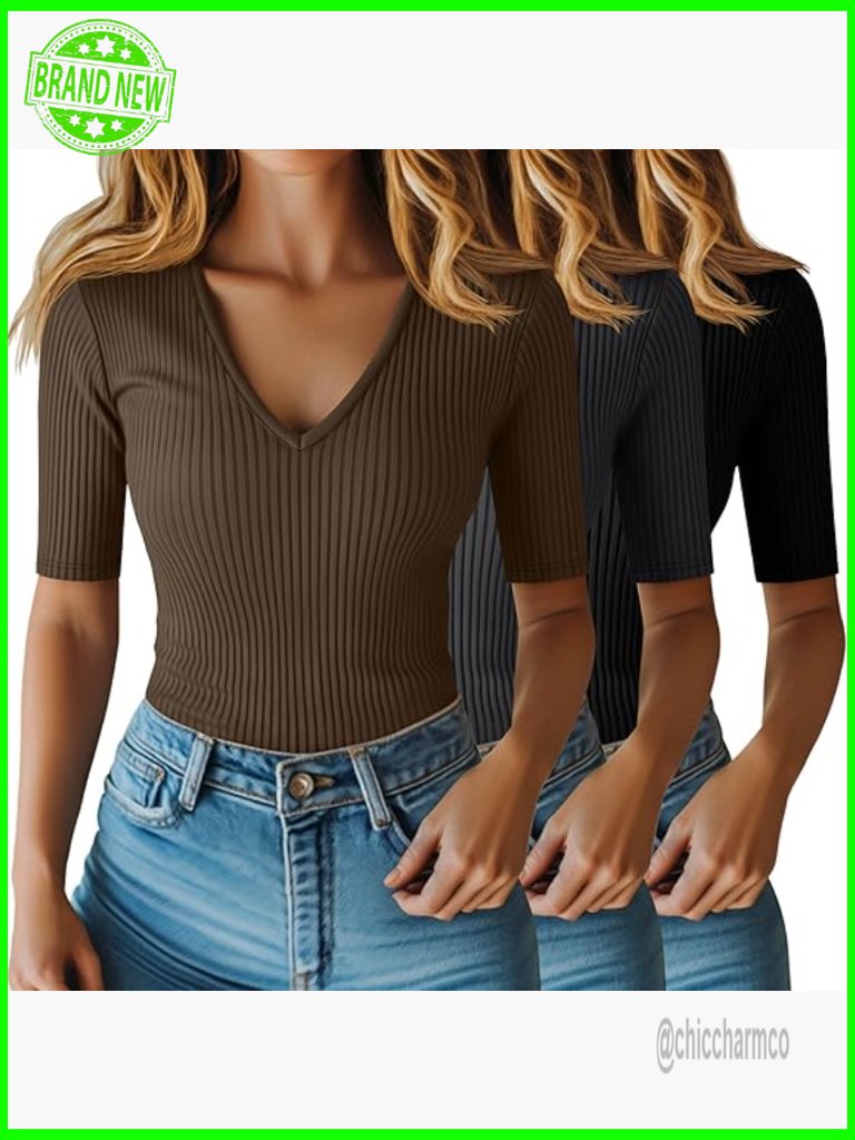 3 Pack Slim Fit Ribbed Cotton V-Neck Half Sleeve Tees Women's Casual Tops